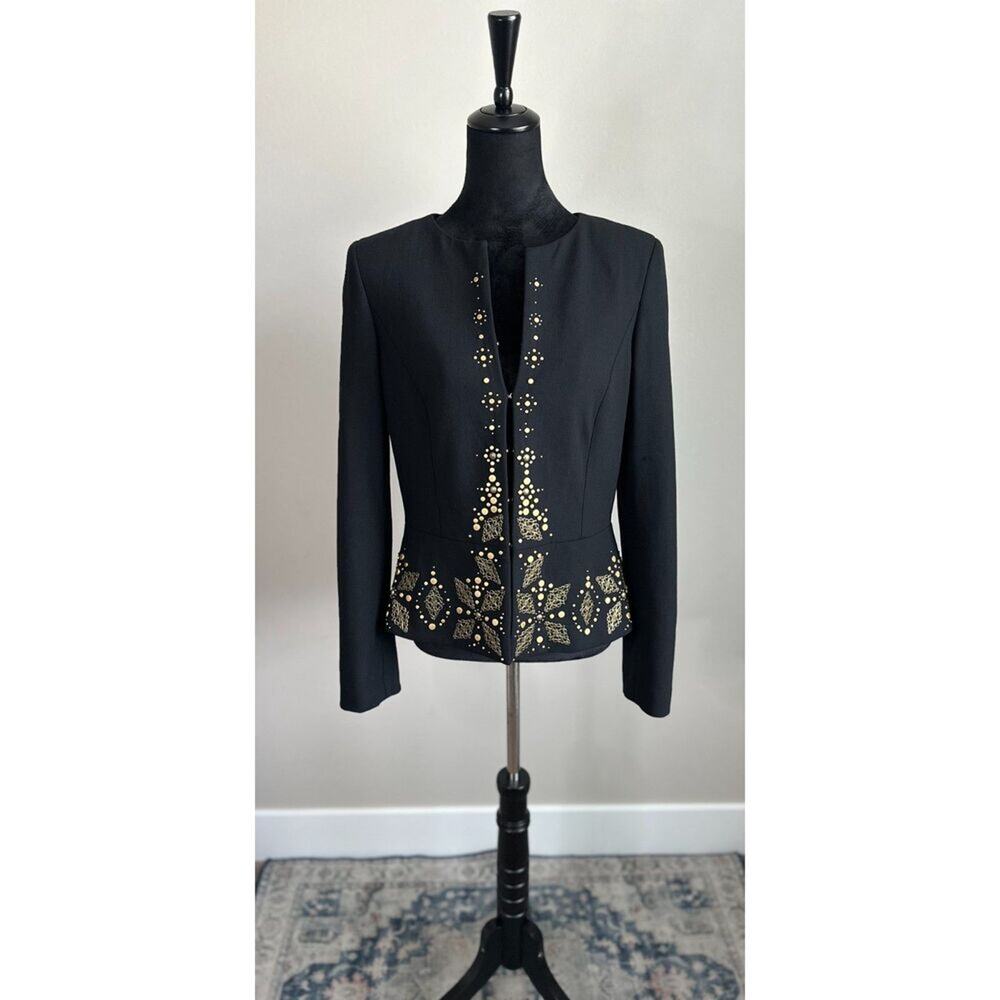 DANA BUCHMAN Crepe Wool Gold Studded Filigree Blazer in Black Size L